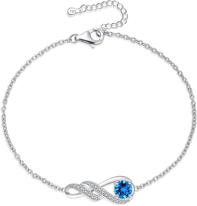 Birthstone Bracelets for Women 925 Sterling Silver Created Gemstone Bracelet Infinity Pendant Jewelry for Her, 6.7"+1.2"
