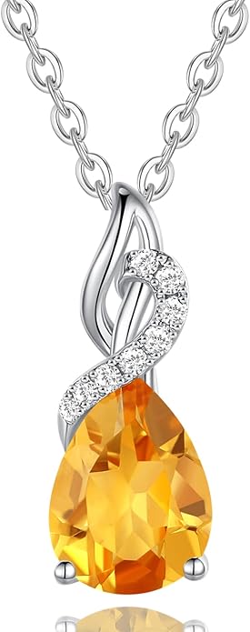FANCIME 14K Solid White Gold Teardrop Pendant with Diamond Birthstone Necklace