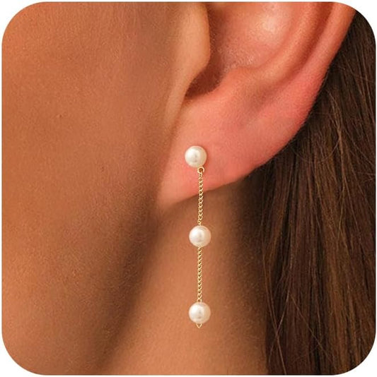 Moodear Dainty Pearl Dangle Earrings for Women - Trendy 14K Gold Plated Pearl Hypoallergenic Drop Earring Wedding Jewelry Gift