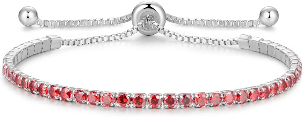 Sterling Silver Birthstone Tennis Bracelets for Women 2.5mm Tennis Bolo Bracelet Fashion Jewelry Birthday Gifts for Women Mom Wife | Adjustable Size 9"