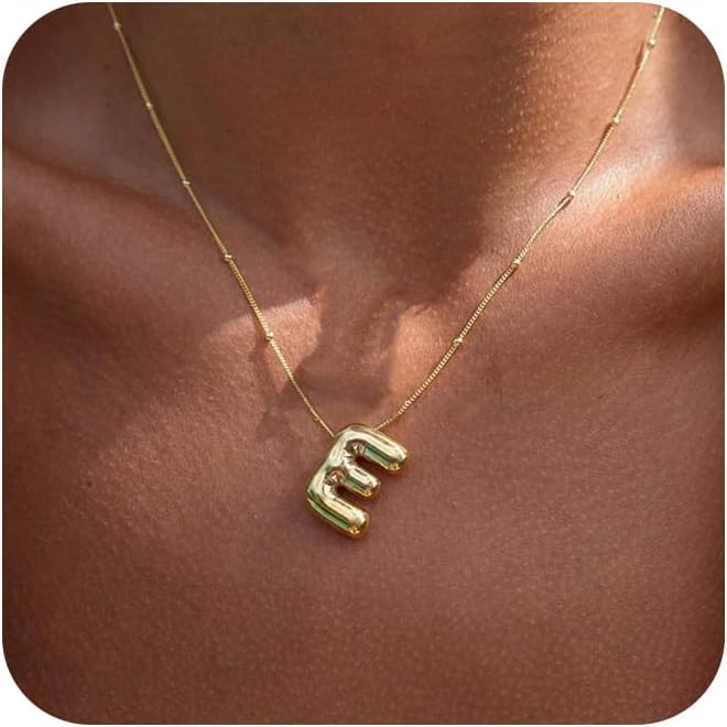 Initial Necklaces for Women, 14k Gold Plated Bubble Letter Necklace Chunky Gold Necklace Dainty Charm Initial Necklaces for Women Trendy Custom Preppy Stocking Stuff Necklace Christmas Gifts