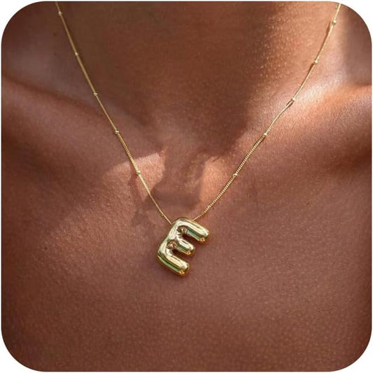 Initial Necklaces for Women, 14k Gold Plated Bubble Letter Necklace Chunky Gold Necklace Dainty Charm Initial Necklaces for Women Trendy Custom Preppy Stocking Stuff Necklace Christmas Gifts