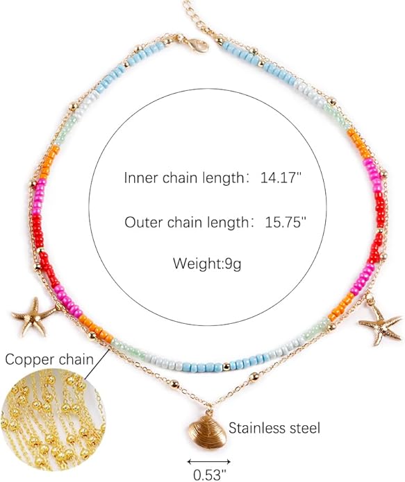 Da Piao Liang Handmade Multilayered Colorful Seed Beads Choker Necklace – Boho Starfish Creative Beach Jewelry for Women – Summer Necklace