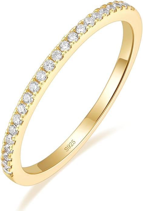 EAMTI 1.5mm 14K Gold Plated Eternity Bands for Women 925 Sterling Silver Half Eternity Stackable CZ Engagement Ring for Women Size 3-10