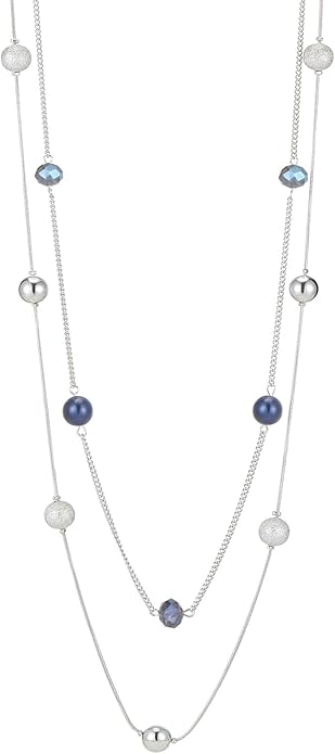 Silver Layered Long Necklace for Women Pearl Crystal Sweater Strand Chain Necklaces Fashion Gifts