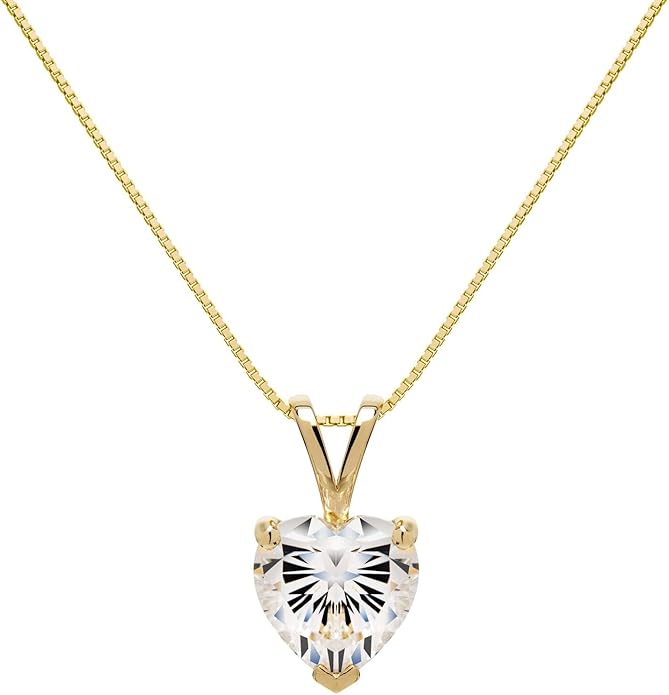 Everyday Elegance Solid 14K Gold Cubic Zirconia Solitaire Pendant Necklace for Women Heart, Princess, Round, Oval, Emerald, Pear & Cushion Cut 1 or 2 CTW | .60mm Thick 16" 18" Length Box Link Chain