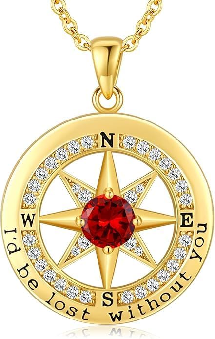 Compass Necklace for Women Wife Girlfriend Mom Daughter Gifts S925 Silver Jewelry For Anniversary Rose Gold Gifts For Birthday Christmas Mothers Valentines Day 12 Birthstones