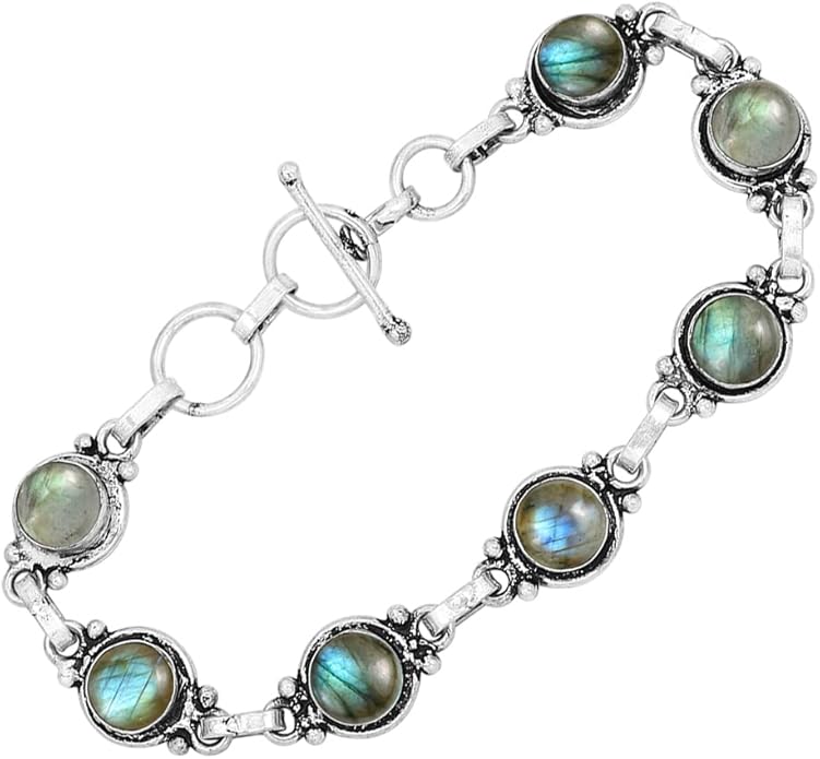 Round Shape Natural & Synthetic Gemstones Silver Plated Bracelets for Women - Vintage Bohemian Style Handmade Birthstone Adjustable Link Bracelet Jewelry Gifts for Wedding Anniversary Mother's Day