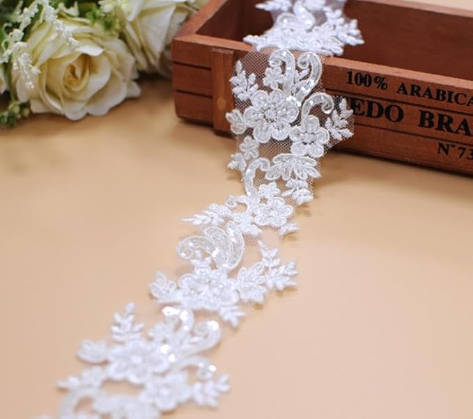G-RUI 6cm*2yards Pure White Luxury Beaded Embroidery Flower lace Appliques for Wedding Dresses Rhinestone Applique Patches Embroidery lace parches ropa (Pure White Color)…