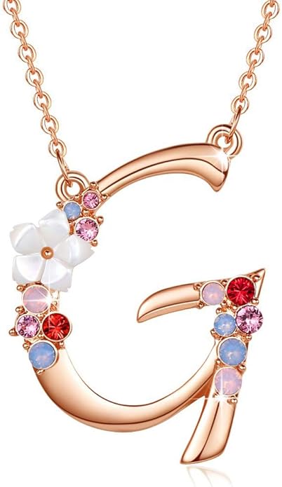 Flower Initial Letter Necklace Pink Red Blue Simulated Pearl Pendant Name Jewelry Made with Austrian Crystals Rose Gold Plated Anniversary Birthday Gifts for Women,18"+2"