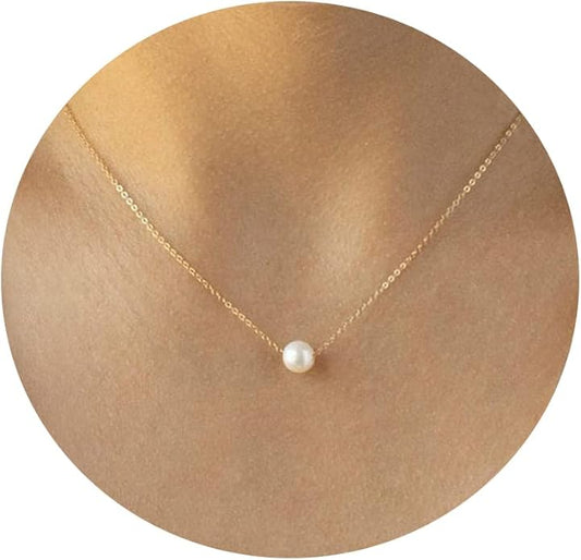 Gold Pearl Necklace for Women, 14K Gold Plated Layered Pearl Necklaces for Women Trendy Simple Herringbone Chain Pearl Necklace for Women Gold Jewelry Gifts