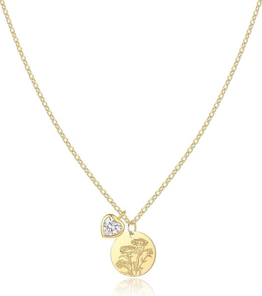 Birth Flower Necklace, 14K Gold Plated Floral Pendant Necklaces for Women, Simple Dainty Birth Month Flower Necklace, Birthday Jewelry for Women - 12 Month