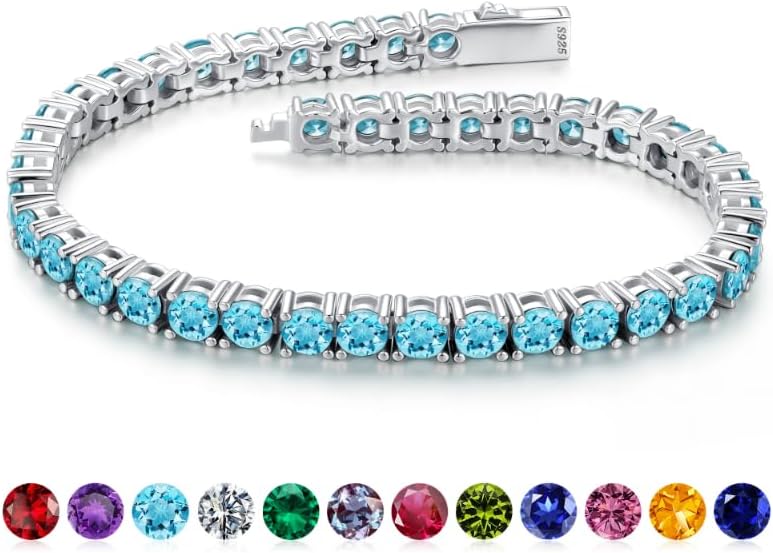 Iefil Christmas Gifts for Women - Size 6.5" - 7" Sterling Silver Tennis Birthstone Bracelet, Anniversary Birthday Gifts for Women