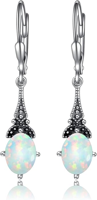 AOBOCO Vintage Earrings for Women Sterling Silver Retro Drop Dangle Leverback Earrings with 8x6mm Oval Genuine or Simulated Birthstone Crystal from Austria, Anniversary Jewelry Gifts for Her Women