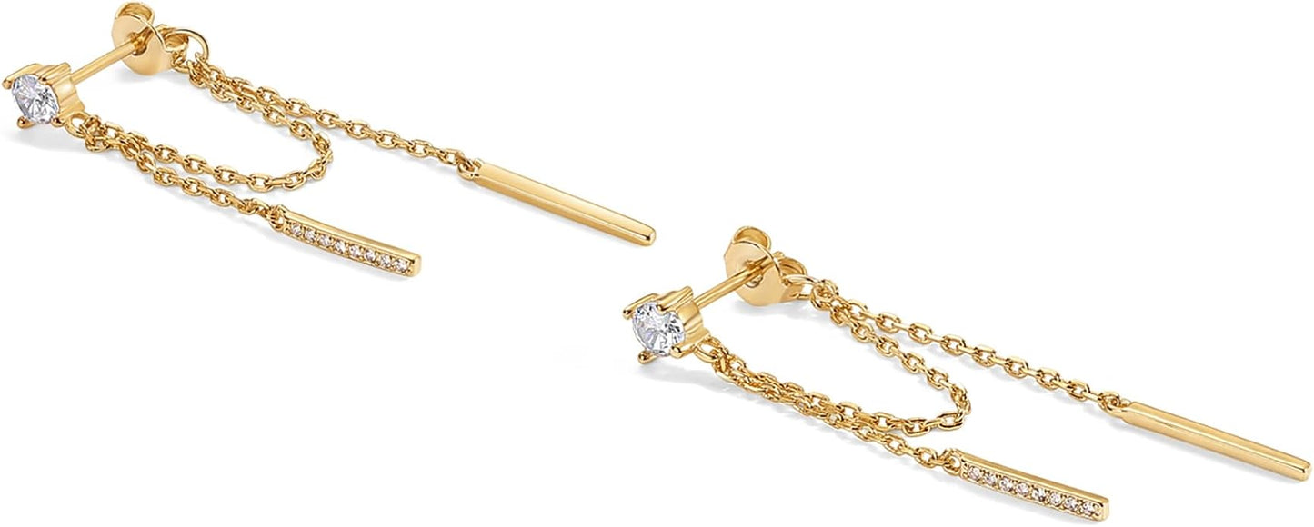 PAVOI 18K Gold Plated Sterling Silver Posts Drop Dangle Chain Earrings for Women | Dangling Chain Studs | Cubic Zirconia Ball Threader Earscapes Earrings