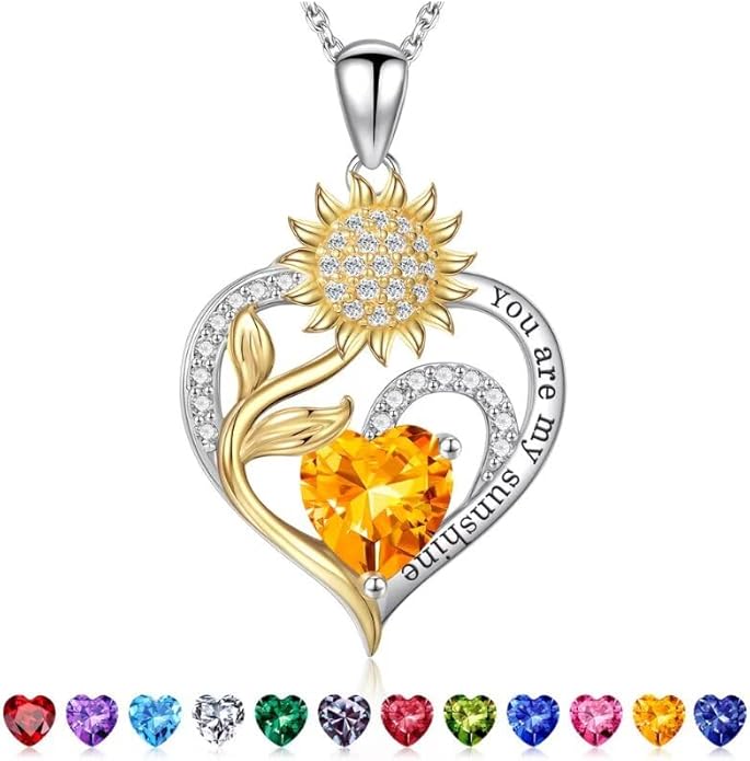 Iefil Christmas Gifts for Women Wife Mom - Sunflower Birthstone Necklace for Women, Anniversary Birthday Gifts 925 Sterling Silver Heart Pendant You Are My Sunshine Jewelry for Girlfriend Mom Daughter
