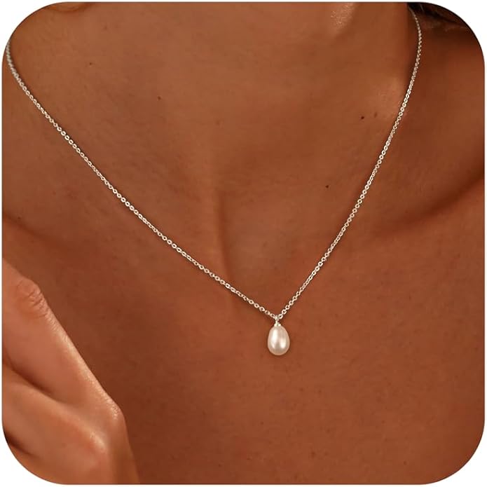 Pearl Necklace for Women Trendy,14k Gold Plated Necklace Dainty Wedding Necklace Small Cute Choker Necklace Beaded Lariat Drop Necklace Vintage Waterproof Jewelry for Women Gold Jewelry Fashion Gifts