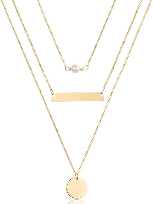 Turandoss Dainty Layered Choker Necklace, Handmade Y Pendant Necklace Multilayer Bar Disc Necklace Adjustable Layering Choker Necklaces for Women