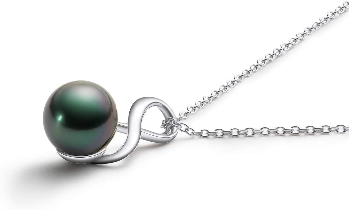 DENGGUANG Tahitian Black Pearl Necklace for Women Genuine 9-10mm Round Tahitian Cultured Pearls Pendant 18K Gold Plated 925 Sterling Silver - Jewelry Gifts for Mom Wife Daughter