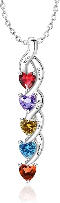 MissNaNa Sterling Silver Personalized Mothers Necklace with Simulated Birthstones Engraved 1-6 Children Names Custom Love Heart Pendant Family Necklace for Women Mother's Day Birthday