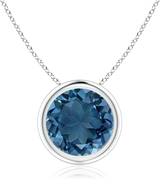 Angara Natural London Blue Topaz Solitaire Pendant for Women | Round Blue Topaz Pendant Necklace in 14K Solid Gold/Silver/Platinum With 18" Chain | December Birthday, Gemstone Jewelry Gift