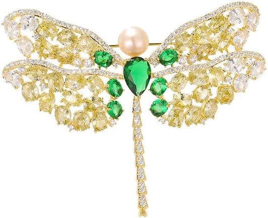 14K Gold Exquisite Dragonfly Brooch Adorned with Colorful Gemstones and Lustrous Pearls, Chic Brooch Accent for Special Events, Ideal for Stylish Women