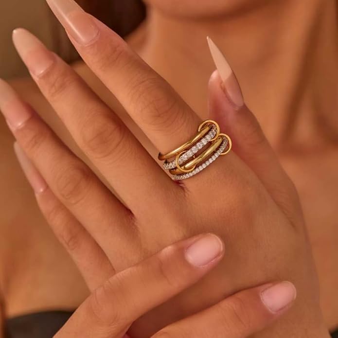 14K Gold Plated Interlocked Stackable Rings for Women Non Tarnish,Gold and Silver Cubic Zirconia Statement Rings Set,Mixed Metals Ring Two-Toned Connected Bands Stacking Jewelry