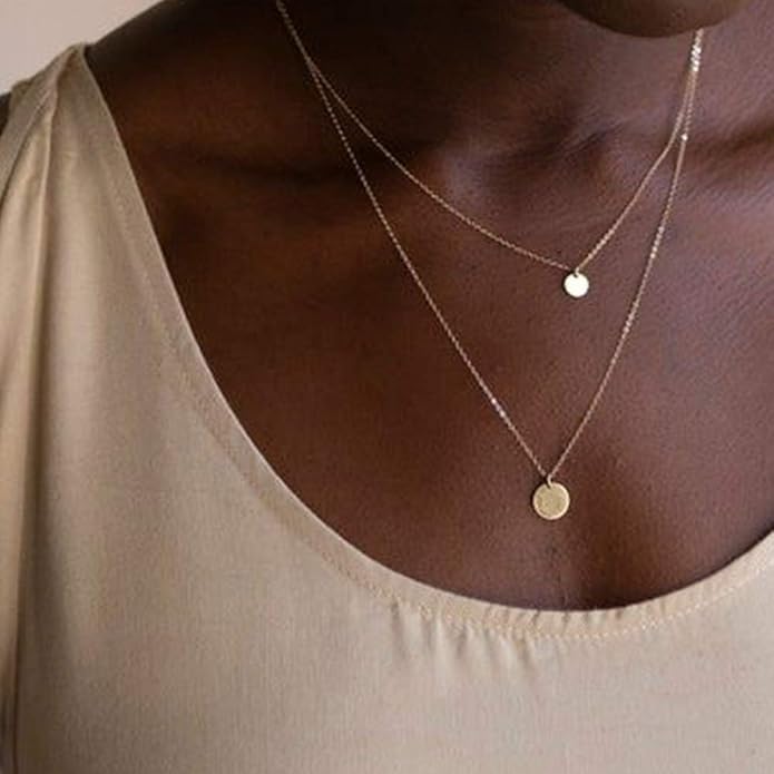 Turandoss Dainty Layered Choker Necklace, Handmade Y Pendant Necklace Multilayer Bar Disc Necklace Adjustable Layering Choker Necklaces for Women