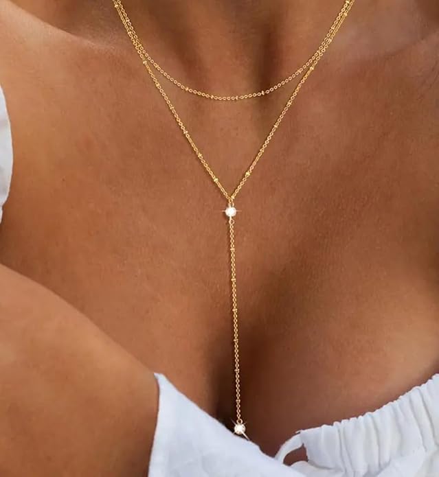 iF YOU Lariat Gold Long Necklaces for Women Trendy, Dainty 14K Gold Plated Drop Chain Necklace, Layered Rosary Beaded Y Necklaces Simple Fashion Jewelry Gifts