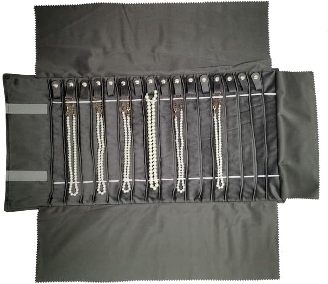 SCIKHEFT Portable Jewelry Roll Untangled Secure Necklace Travel Storage Bag Displays Holder 16 Chain (Pink PU and gray velvet)