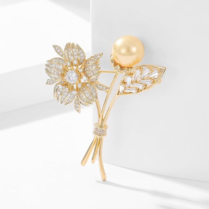 14K Gold Crystal Flower Brooch with Shiny Pearls - Exquisite Floral Pin, Versatile Gift for Mother's Day, Valentine's, or Friendship Celebrations