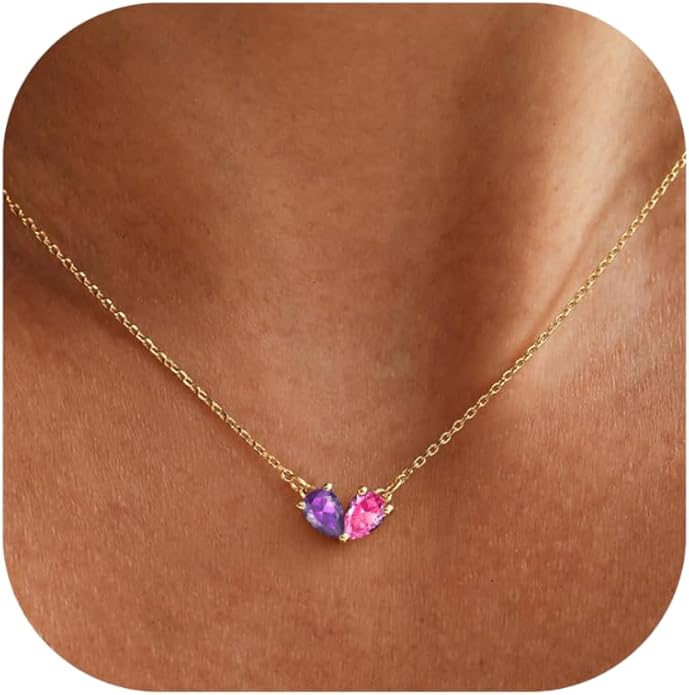 KOHOTA Gold Birthstone Necklace for Women Non Tarnish 14K Gold Plated CZ Heart Pendant Necklaces Dainty 2 Birthstones Emerald Green Charm Necklace for Mother and Daughter Birthday Jewelry Gifts