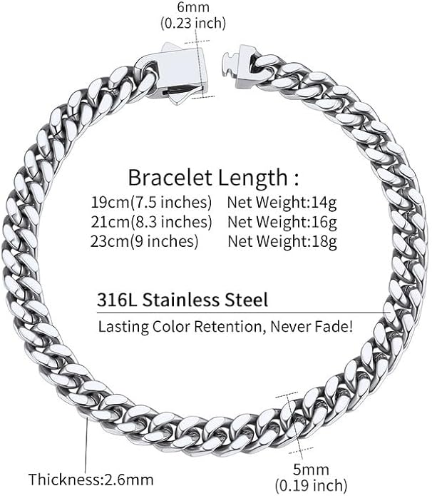ChainsHouse Stainless Steel Cuban Link Bracelet for Men, 5mm/7mm/9mm/12mm Width, 7.5"/8.3"/9" Length, Black/18K Gold Plated Chain Wrist Bracelets for Men, with Gift Box