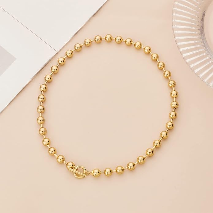 Statement Gold Beads Necklace for Women Vintage Gold Beaded Strand Chain Necklace Fashion Jewelry for Women