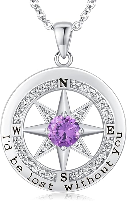 Compass Necklace for Women Wife Girlfriend Mom Daughter Gifts S925 Silver Jewelry For Anniversary Rose Gold Gifts For Birthday Christmas Mothers Valentines Day 12 Birthstones