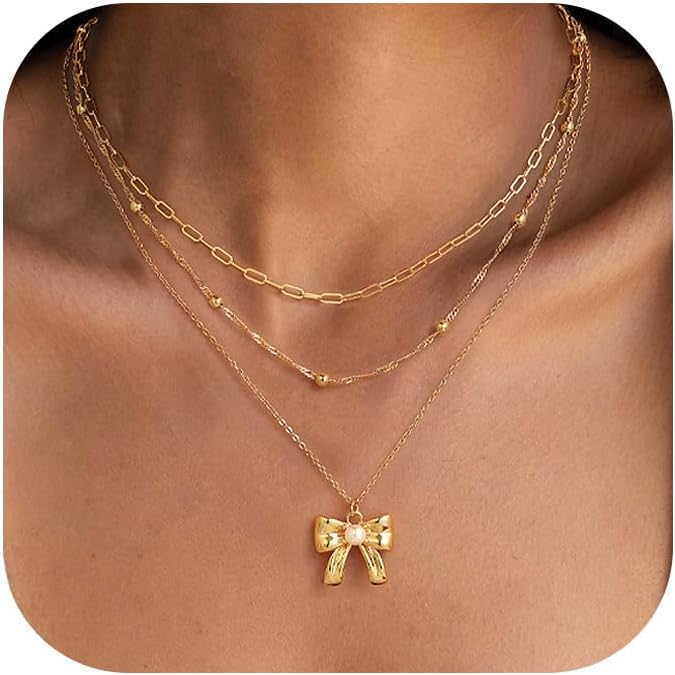 Layered Necklace for Women 14K Gold Plated Dainty Paperclip Herringbone Pearl Cross Pendant Necklace Stack，Layering Chain Cuban Figaro Rope Chain Choker Trendy Gold Jewelry Gift