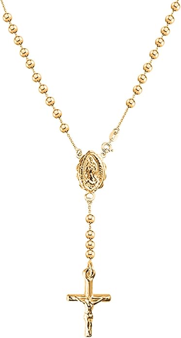 Savlano 925 Sterling Silver Italian Solid Bead Chain Cross & Rosary Virgin Mary Pendant -18K Gold Plated Y Necklace Comes With Gift Box for Women - Made in Italy