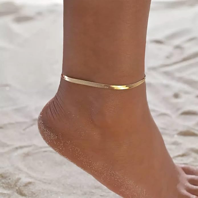 Ankle Bracelets for Women Dainty 18K Gold Plated Anklet Waterproof Round Beaded Paperclip Herringbone Pearl Chain Anklets Waterproof Beach Foot Jewelry