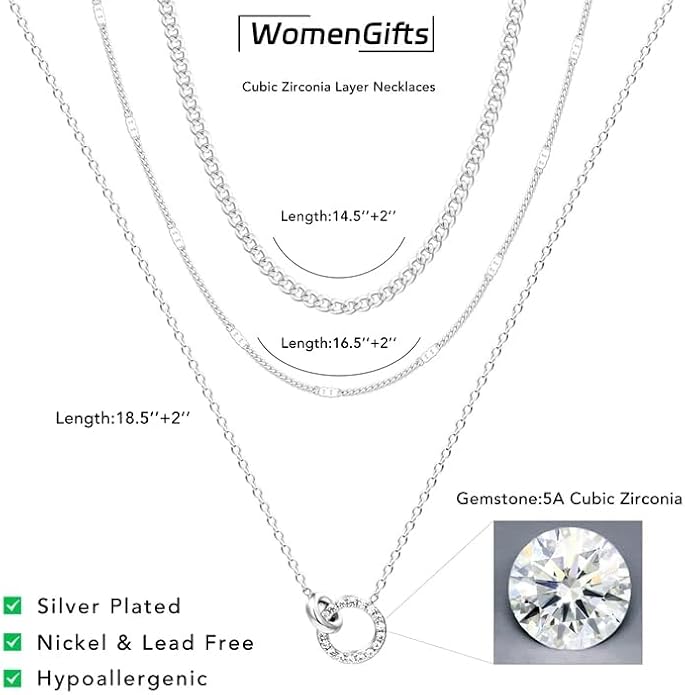 WomenGifts Layered Gold Necklaces for Women, 14K Gold Sterling Silver Plated Dainty Pendant Necklace Set with Cubic Zirconia Circle, Chunky Stackable Cuban Chain Choker, Trendy Personalized Birthstone Jewelry Gift Non Tarnish