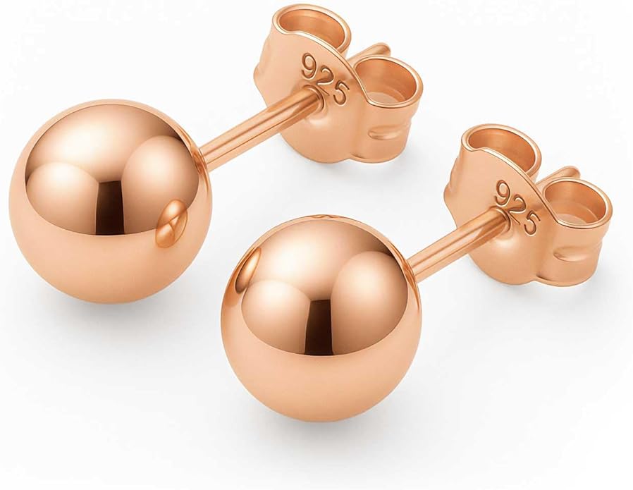 KEZEF Sterling Silver Ball Stud Earrings Hypoallergenic Earrings for Women | Available in Sterling Silver, Rose Gold, or 14K Gold Plated Silver (2mm-10mm)