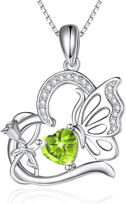Birthstone Heart butterfly Necklace for Women, Infinity Pendant 14K Gold /18K White Gold Womens Necklaces, Jewelry Anniversary Birthday Christmas Gifts for Her Mom Wife﻿