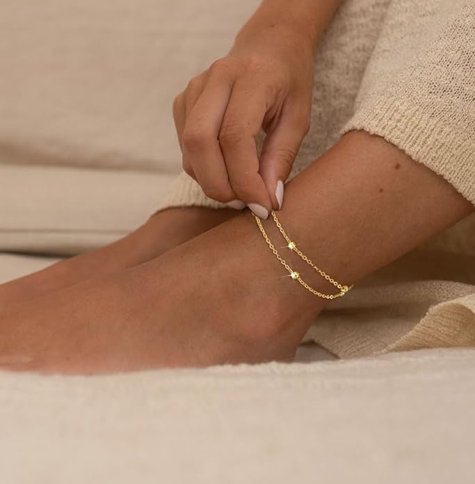 2/3 PCS Gold Anklets for Women Waterproof Cuban Link Anklet Beaded Bracelets Stackable Bracelets 14K Gold Plated Custom Jewelry Gifts Non Tarnish Lightweight