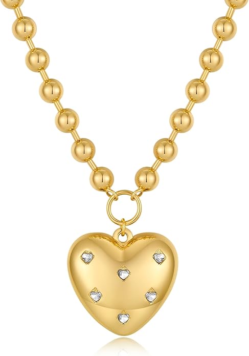 CLASSYZINT Gold Heart Pendant Necklace for Women Puffy Heart Necklace Beads Chain Necklace Statement Necklace Trendy Jewelry