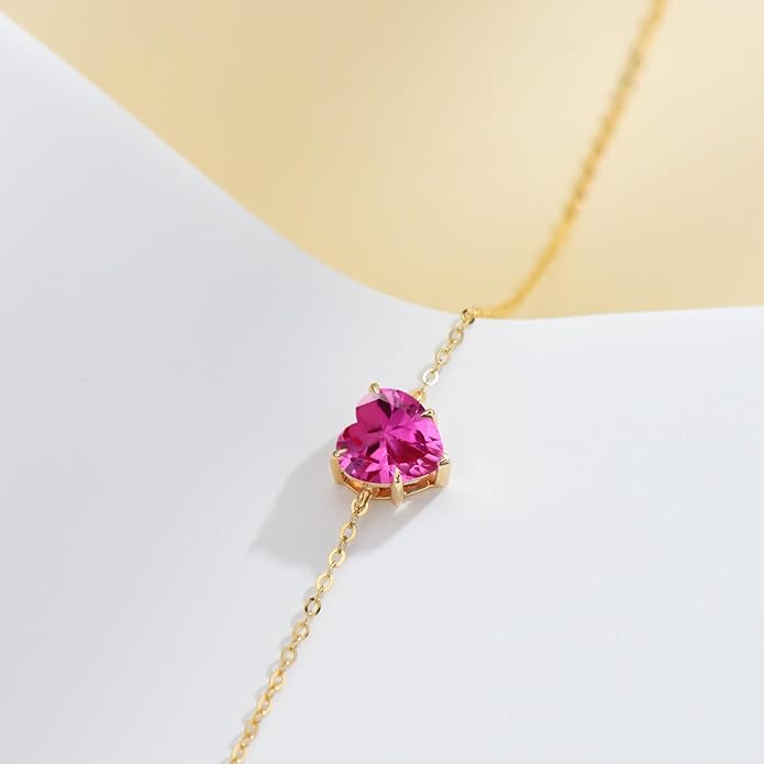 14k Gold Love Heart Gemstone Bracelet for Women,7MM Heart-cut Created Birthstone Anniversary Birthday Mother's Day Bracelets Jewelry for Mom Her 6.5''+2''