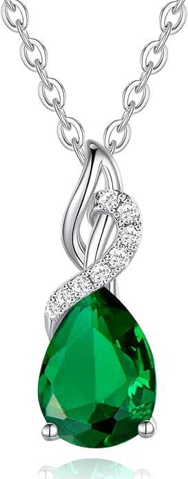 FANCIME 14K Solid White Gold Teardrop Pendant with Diamond Birthstone Necklace
