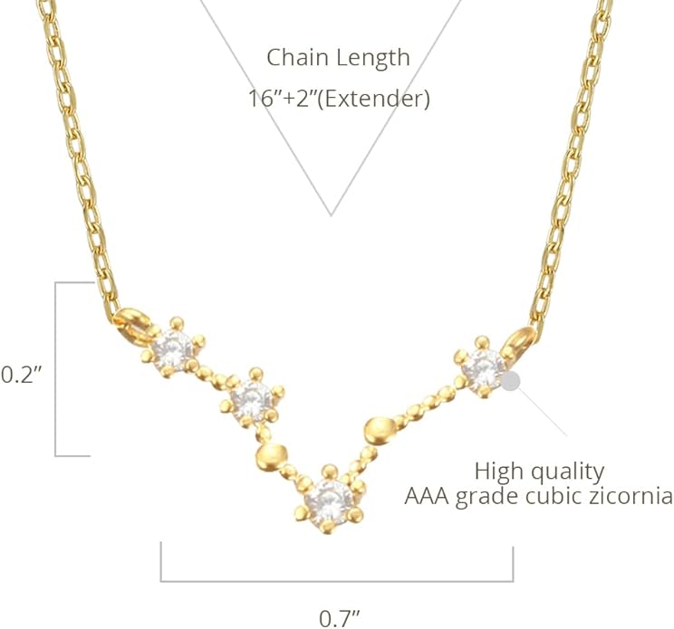 Zodiac 18K Gold Plated CZ Necklace With Message Card, Yellow Gold Color, Anchor Chain, Best Gift Necklace, Size 16 inch + 2 inch Extender, Pendant, Constellation, Gift Card