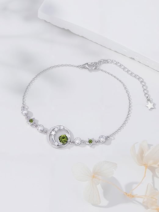 Moon and Star Birthstone Charm Link Bracelet 925 Sterling Silver Moon and Star Bracelet with 12 Months Birthstone Birthday Jewelry Gifts for Women Mom Her,Chain Length 7"+2" Extend