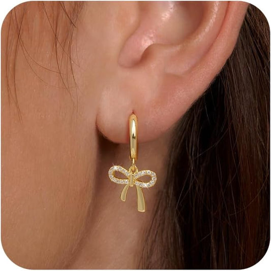 14K Gold Plated/Silver Earrings for Women Trendy Bow Hoops Simple Twist Huggie Dainty Cubic Zirconia Jewelry