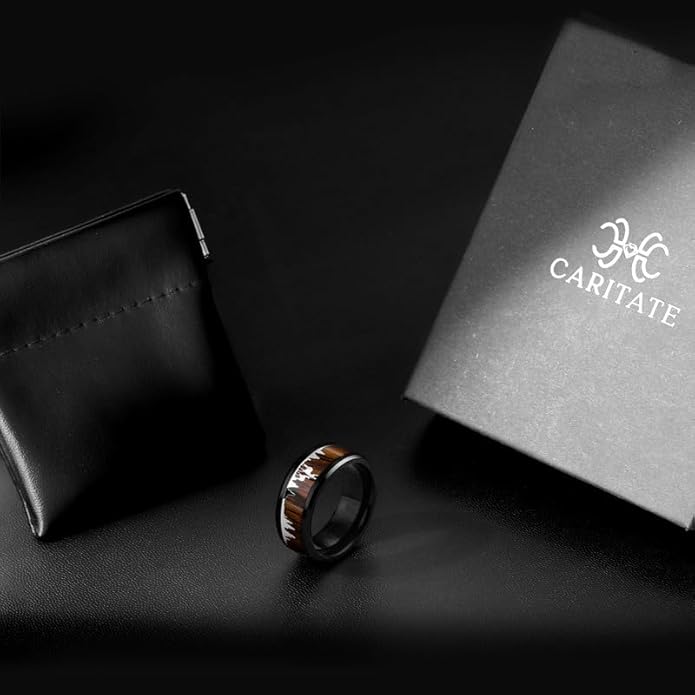 Mens Wedding Band Tungsten Rings: 8mm Black Tungsten Rings for Men Wood Wedding Ring Band for Man - Silver Ring for Men Wedding Bands for Women Wood Promise Rings for Him