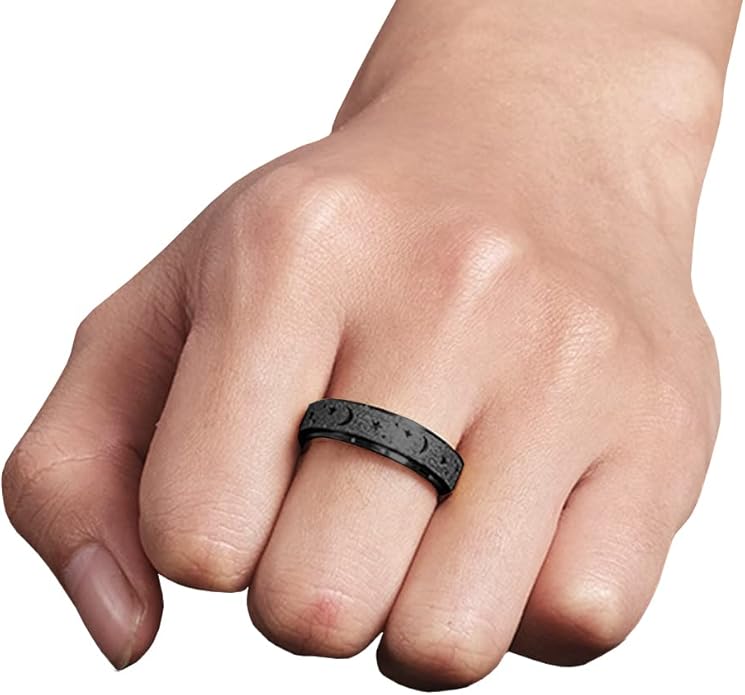 AmorArtSky Anxiety Ring for Women Men, Titanium Stainless Steel Spinner Ring, 5 Colors, 6MM, Size 6-10, 3 Styles Anxiety Ring-Moon Star, Sandblasted Finished, Hollow Outer
